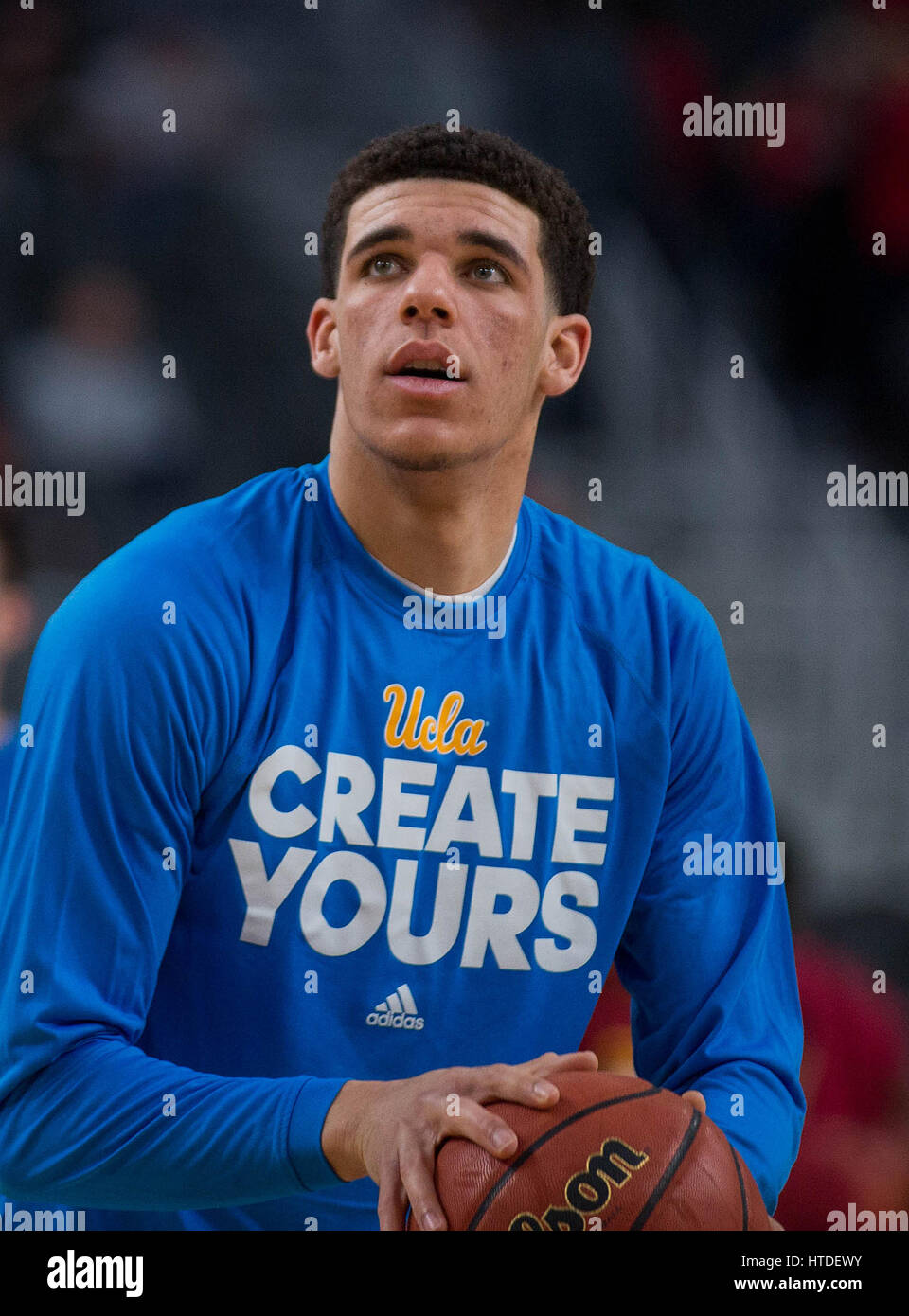Las Vegas, NV, USA. 09th Mar, 2017. UCLA guard (2) Lonzo Ball warms up prior to the game between the USC Trojans vs the UCLA Bruins in the Pac-12 tournament at T-Mobile Arena in Las Vegas, Nevada. UCLA defeated USC 76-74.(Mandatory Credit: Juan Lainez/MarinMedia/Cal Sport Media) Credit: csm/Alamy Live News Stock Photo