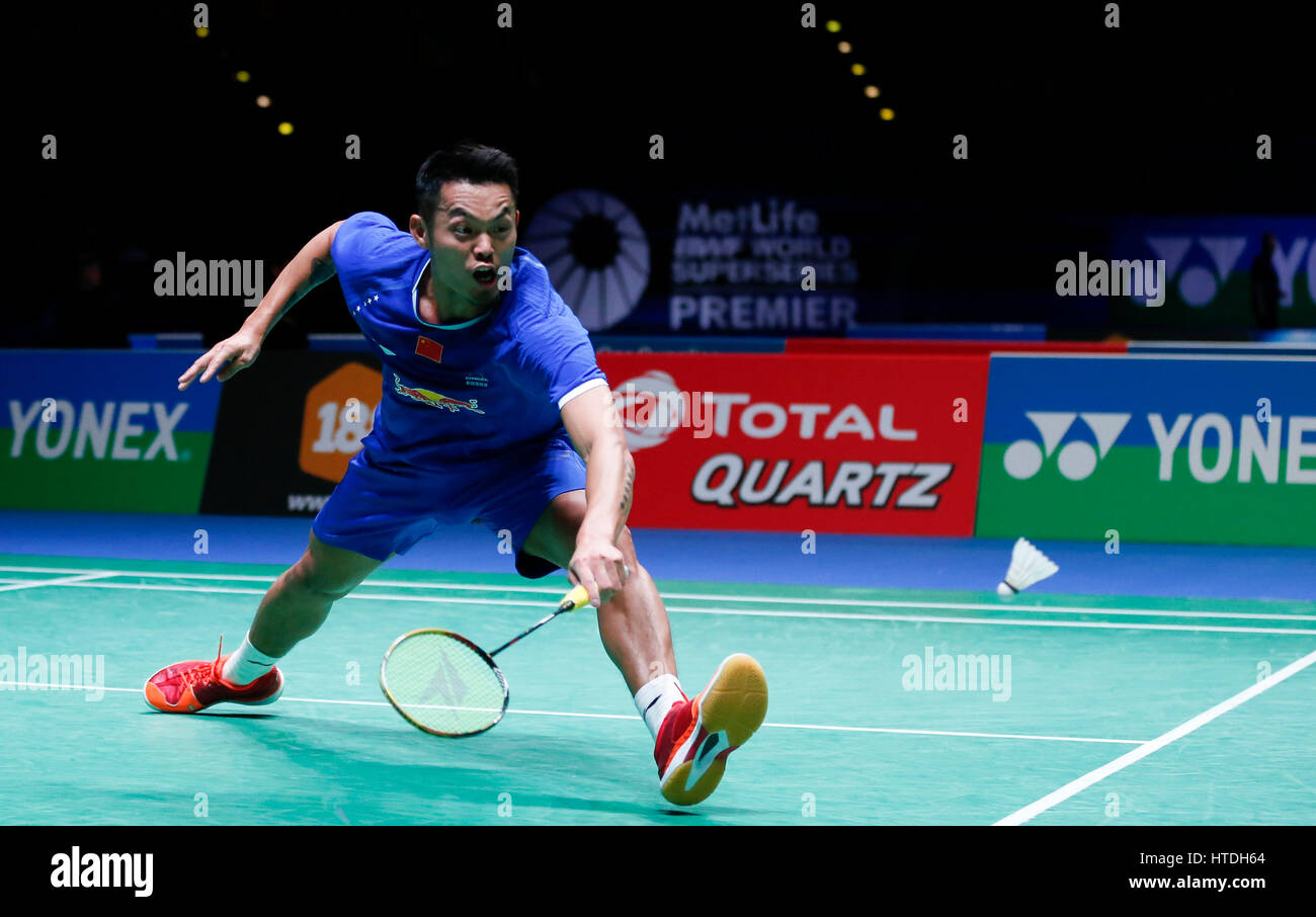 Birmingham. 10th Mar, 2017. Lin Dan of China competes during the men's singles quarterfinal with Viktor Axelsen of Denmark at All England Open Badminton Championships 2017 in Birmingham, Britain on March 10, 2017. Credit: Han Yan/Xinhua/Alamy Live News Stock Photo