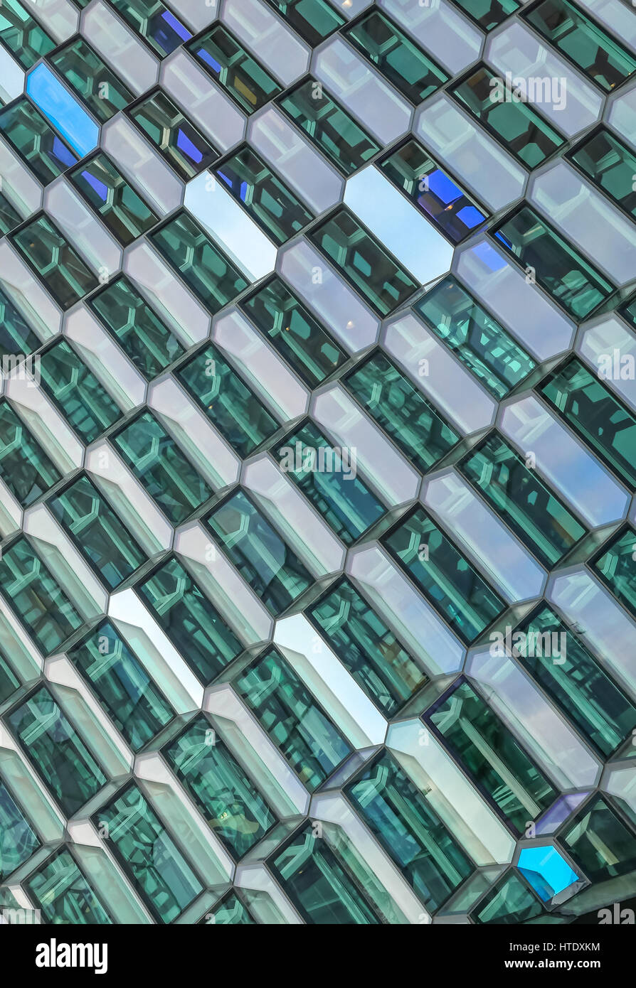 Close up view of windows with abstract design, Harpa Concert Hall, Rekjavik, Iceland, designed by Olafur Eliasson Stock Photo