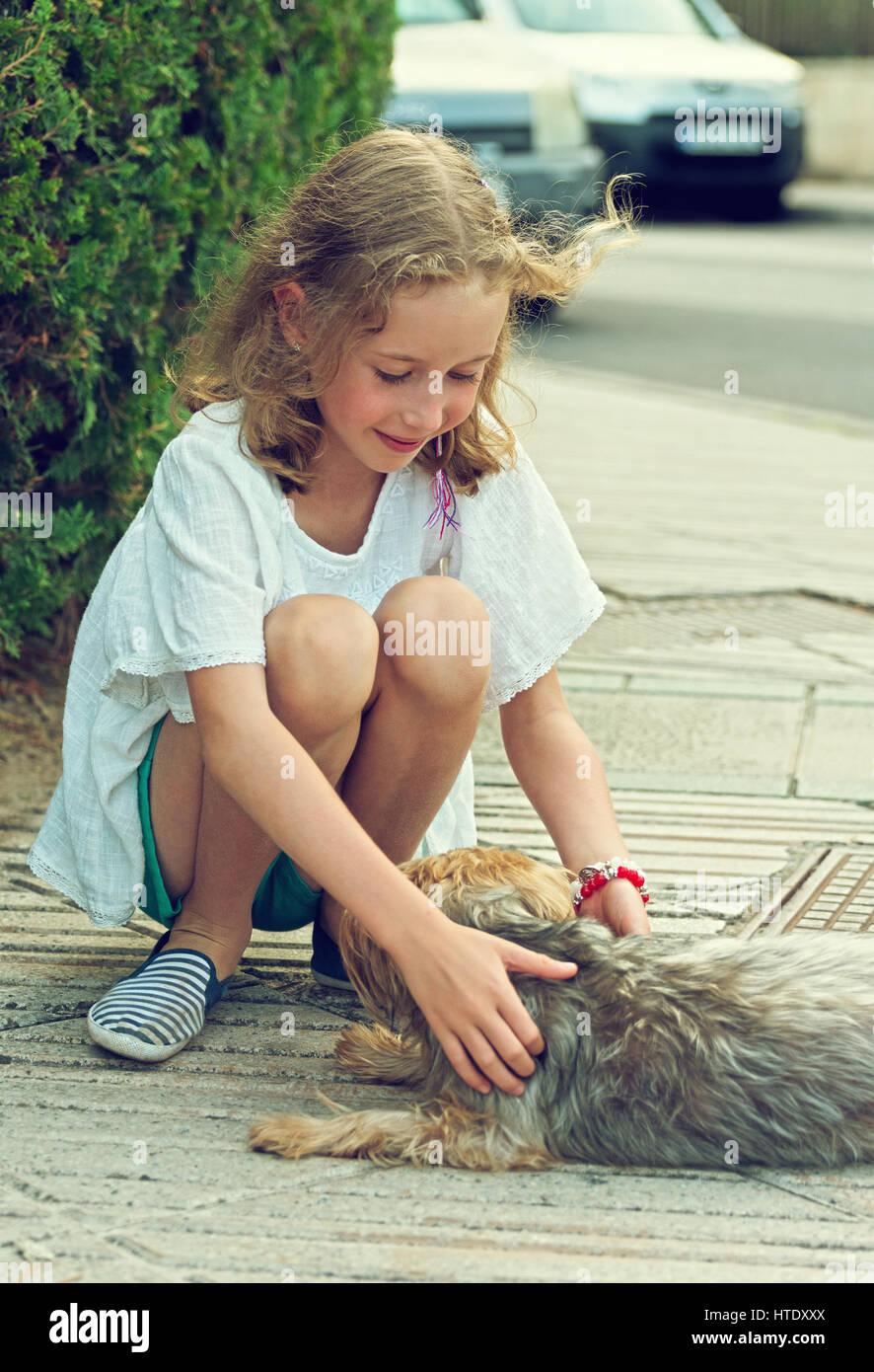 Cute little girl with stray dog on the street. Stock Photo
