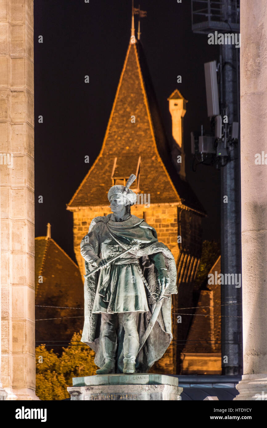 Heroes Square (Hősök tere), Budapest, Hungary. The statue of 17th-century Hungarian prince Imre Thököly at night. Stock Photo
