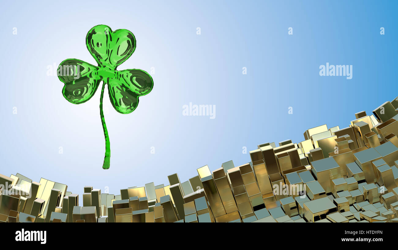 St. Patrick's Day 3d effect clover over abstract mountain landscape background of metal boxes. Decorative greeting postcard with copyspace for your te Stock Photo