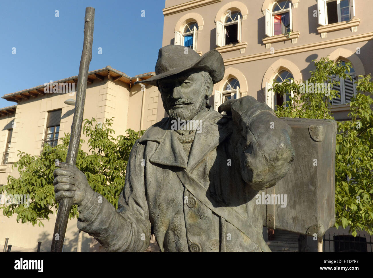 Pilgrim carrying bag statue outside the municipal alburgue in Astorga, Spain along the Camino Frances. Stock Photo