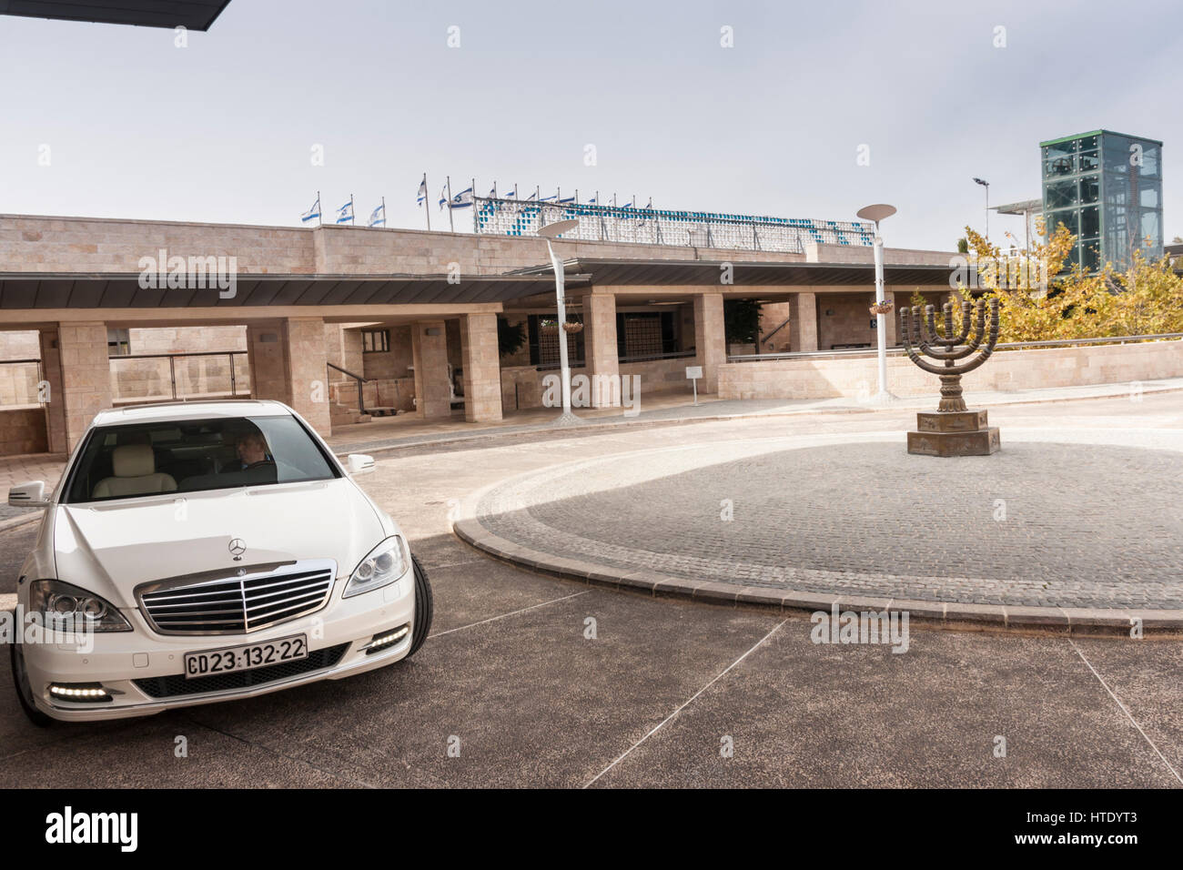 Jerusalem, Israel. The  Knesset - the Israeli parliament. The Menora (Jewish candelabra), a symbol of the state of Israel, stands in traffic circle Stock Photo