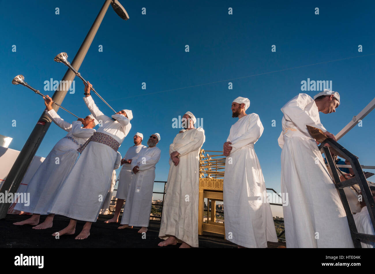 Jerusalem, Israel. A group of Cohanim (Members of the Levi Tribe) with horns during a simulation of the Passover ritual sacrifice. Stock Photo
