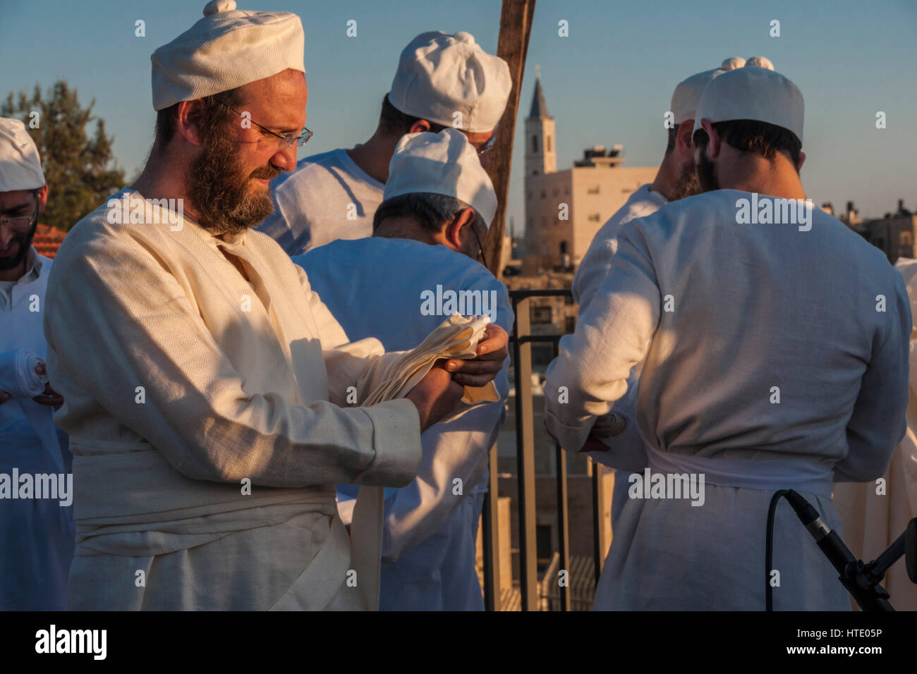Jerusalem, Israel. Cohanim (Jewish members of the Levi tribe, responsible for keeping religious rites) during a simulation of the Passover sacrifice. Stock Photo