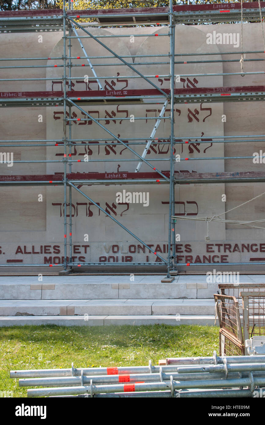 Verdun, France. The Memorial for the Jewish soldiers of France in WW1 during cleaning and renovation. The hebrew words are the ten commandments. Stock Photo