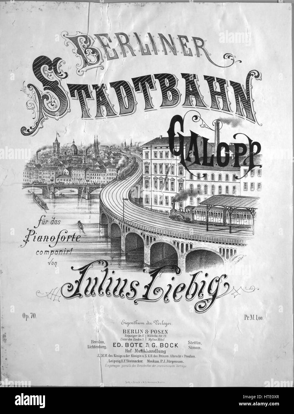 Sheet music cover image of the song 'Berliner Stadtbahn Galopp fur das Pianoforte', with original authorship notes reading 'Componirt von Julius Liebig', 1900. The publisher is listed as 'Ed. Bote and G. Bock, Leipziger Str. 37, Unter den Linden 3', the form of composition is 'da capo, with trio', the instrumentation is 'piano', the first line reads 'None', and the illustration artist is listed as 'Lith. u. Druck V. M.S. Hermann, Berlin.; Buschback.'. Stock Photo