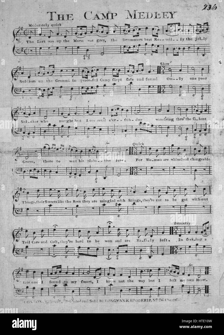 Sheet music cover image of the song 'The Camp Medley', with original authorship notes reading 'na', United Kingdom, 1900. The publisher is listed as 'Longman and Broderip, No. 26 Cheapside', the form of composition is 'sectional, with frequent key and meter changes', the instrumentation is 'piano and voice (figured bass line)', the first line reads 'The Lark was up the Morn was grey, the Drummers beat Reveilly', and the illustration artist is listed as 'None'. Stock Photo