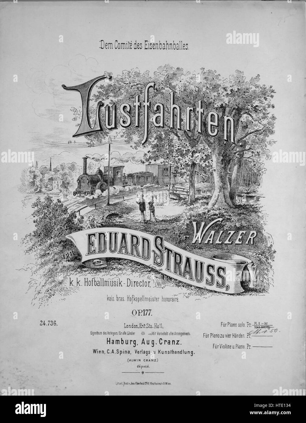 Sheet music cover image of the song 'Lustfahrten Walzer Dem Comite des Eisenbahnballes', with original authorship notes reading 'Eduard Strauss, kk Hofballmusik - Director, kais brasil Hofkapellmeister honoraire', 1900. The publisher is listed as 'Aug. Cranz', the form of composition is 'four sectional waltzes, introduction and coda', the instrumentation is 'piano', the first line reads 'None', and the illustration artist is listed as 'Lit. art. Anst. v. jos. Eberle and Co. VII Westbanstr. 9 Wien'. Stock Photo