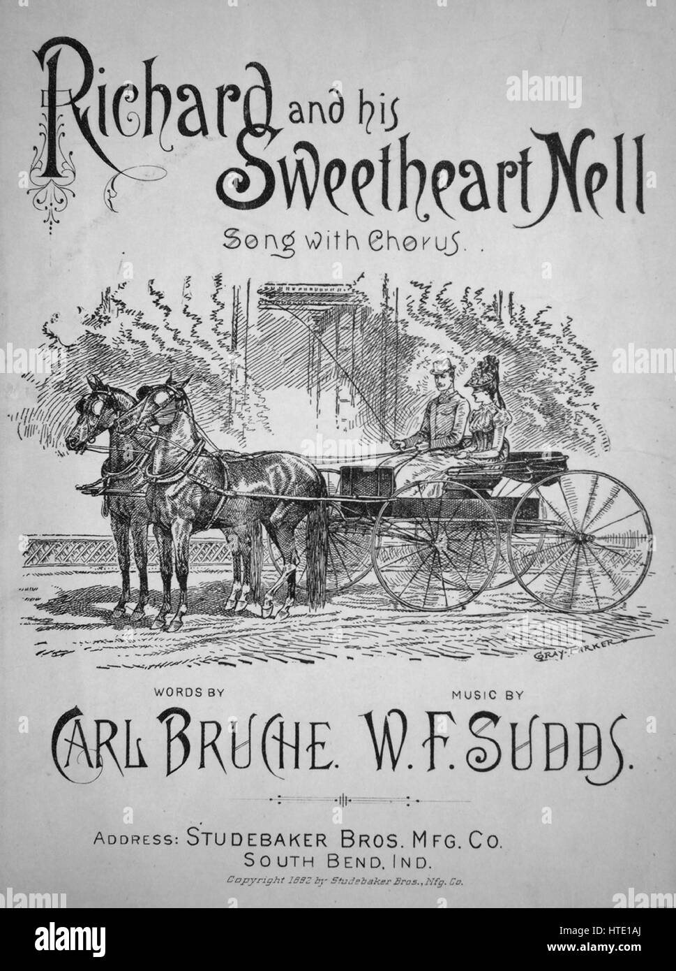 Sheet music cover image of the song 'Richard and His Sweetheart Nell Song and Chorus', with original authorship notes reading 'Words by Carl Bruche Music by WF Sudds', 1892. The publisher is listed as 'Studebaker Bros Mrg. Co.', the form of composition is 'strophic with chorus', the instrumentation is 'piano and voice', the first line reads 'Oh, listen to the song that I sing tra la, Of Richard and his sweetheart Nell', and the illustration artist is listed as 'Gray Parker'. Stock Photo