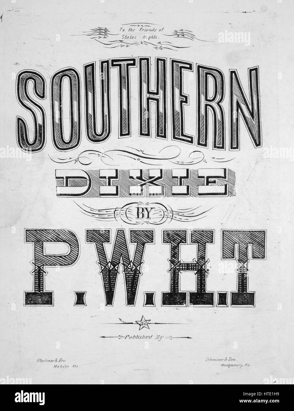Sheet music cover image of the song 'Southern Dixie', with original authorship notes reading 'By PWHT', 1863. The publisher is listed as 'Blackmar and Bro.', the form of composition is 'strophic with chorus', the instrumentation is 'piano and voice', the first line reads 'Oh! Dixie's Land's a Nation now, her sons no longer slaves', and the illustration artist is listed as 'Perring S.C.'. Stock Photo