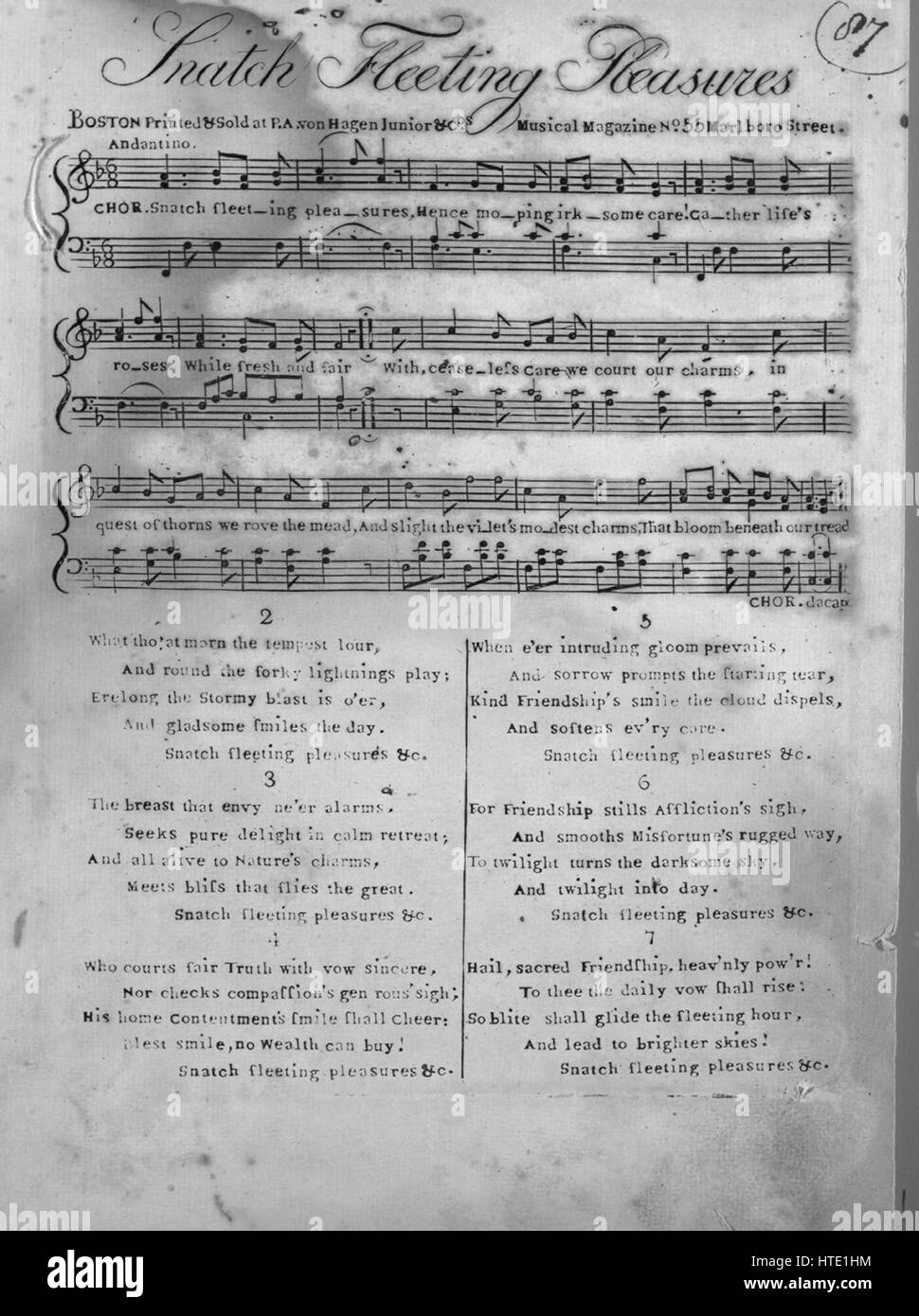 Sheet music cover image of the song 'Snatch Fleeting Pleasures', with original authorship notes reading 'na', United States, 1900. The publisher is listed as 'P.A. Von Hagen Junior and Cos. Musical Magazine, No.55 Marlboro Street', the form of composition is 'strophic with chorus', the instrumentation is 'piano and voice', the first line reads 'What tho' at morn the tempest', and the illustration artist is listed as 'None'. Stock Photo
