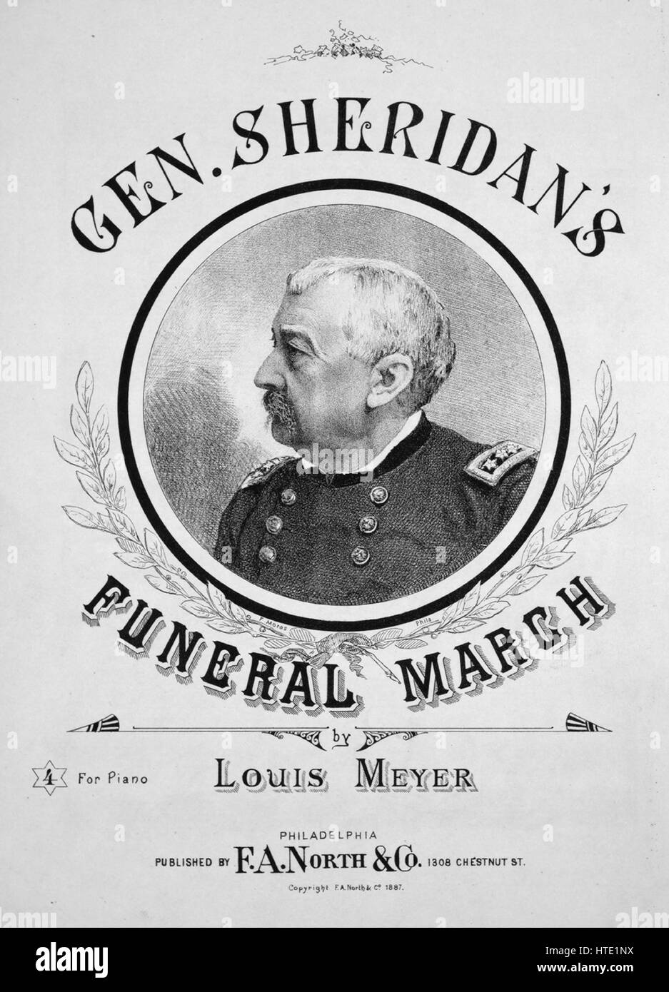 Sheet music cover image of the song 'Gen Sheridan's Funeral March', with original authorship notes reading 'By Louis Meyer', United States, 1888. The publisher is listed as 'F.A. North and Co., 1308 Chestnut St.', the form of composition is 'sectional', the instrumentation is 'piano', the first line reads 'None', and the illustration artist is listed as 'F. Moras'. Stock Photo