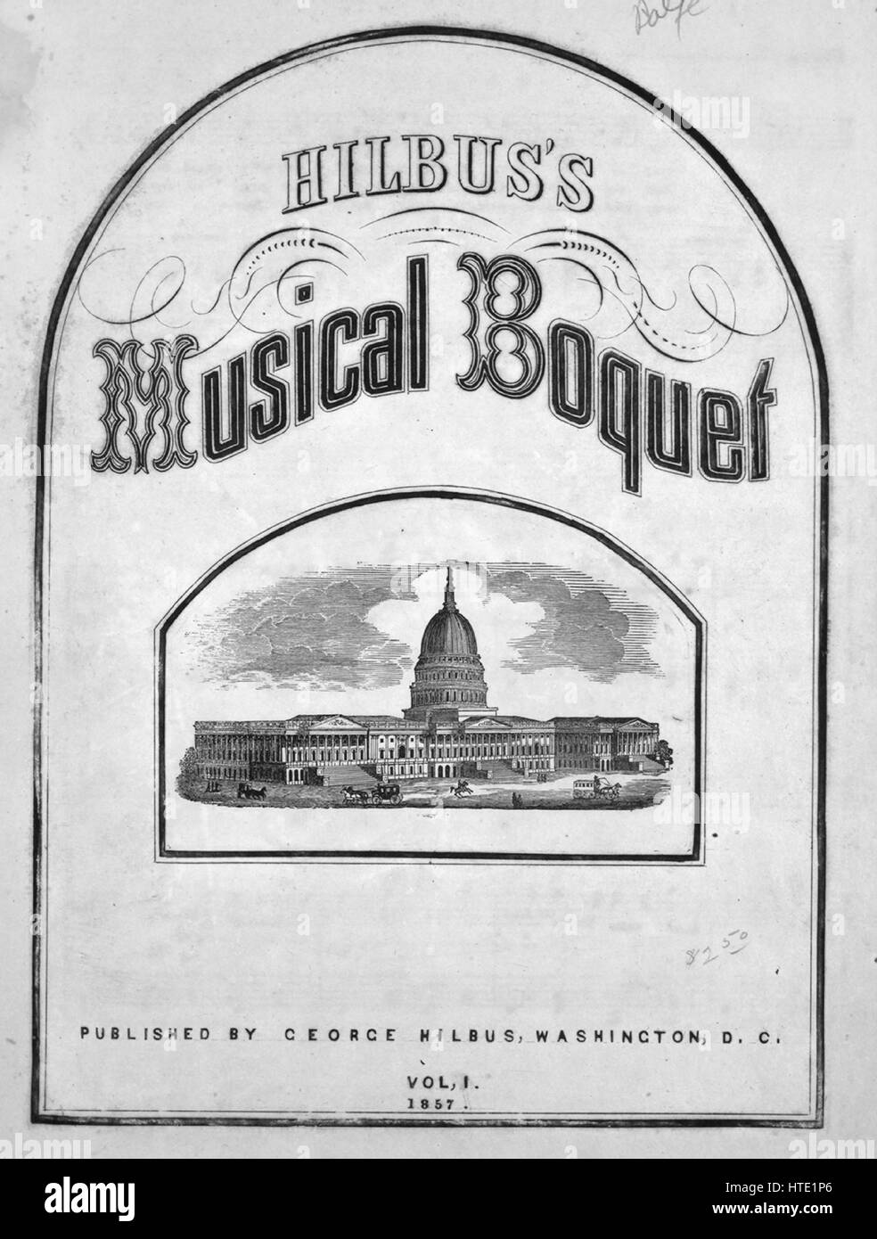 Sheet music cover image of the song 'We May Be Happy Yet [back cover  Bonapartes Coronation March]', with original authorship notes reading 'By MW Balfe', 1857. The publisher is listed as 'George Hilbus', the form of composition is 'strophic with chorus', the instrumentation is 'piano and voice', the first line reads 'O smile as thou wert want to smile, Before the weight of care', and the illustration artist is listed as 'None'. Stock Photo