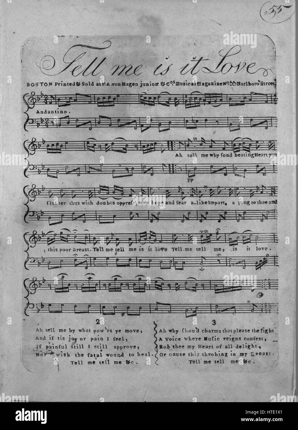 Sheet music cover image of the song 'Tell Me is it Love', with original  authorship notes reading 'na', United States, 1900. The publisher is listed  as 'P.A. Von Hagen Junior and Cos.