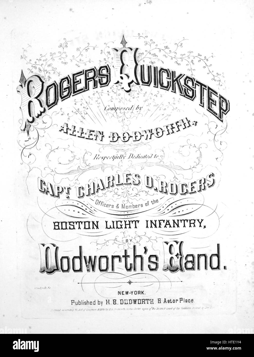 Sheet music cover image of the song 'Roger's Quickstep', with original authorship notes reading 'Composed by Allen Dodworth', United States, 1900. The publisher is listed as 'H.B. Dodworth, 6 Astor Place', the form of composition is 'strophic with chorus', the instrumentation is 'piano', the first line reads 'None', and the illustration artist is listed as 'Des. by W.I. Champney; Lith. by J.H. Bufford Boston'. Stock Photo