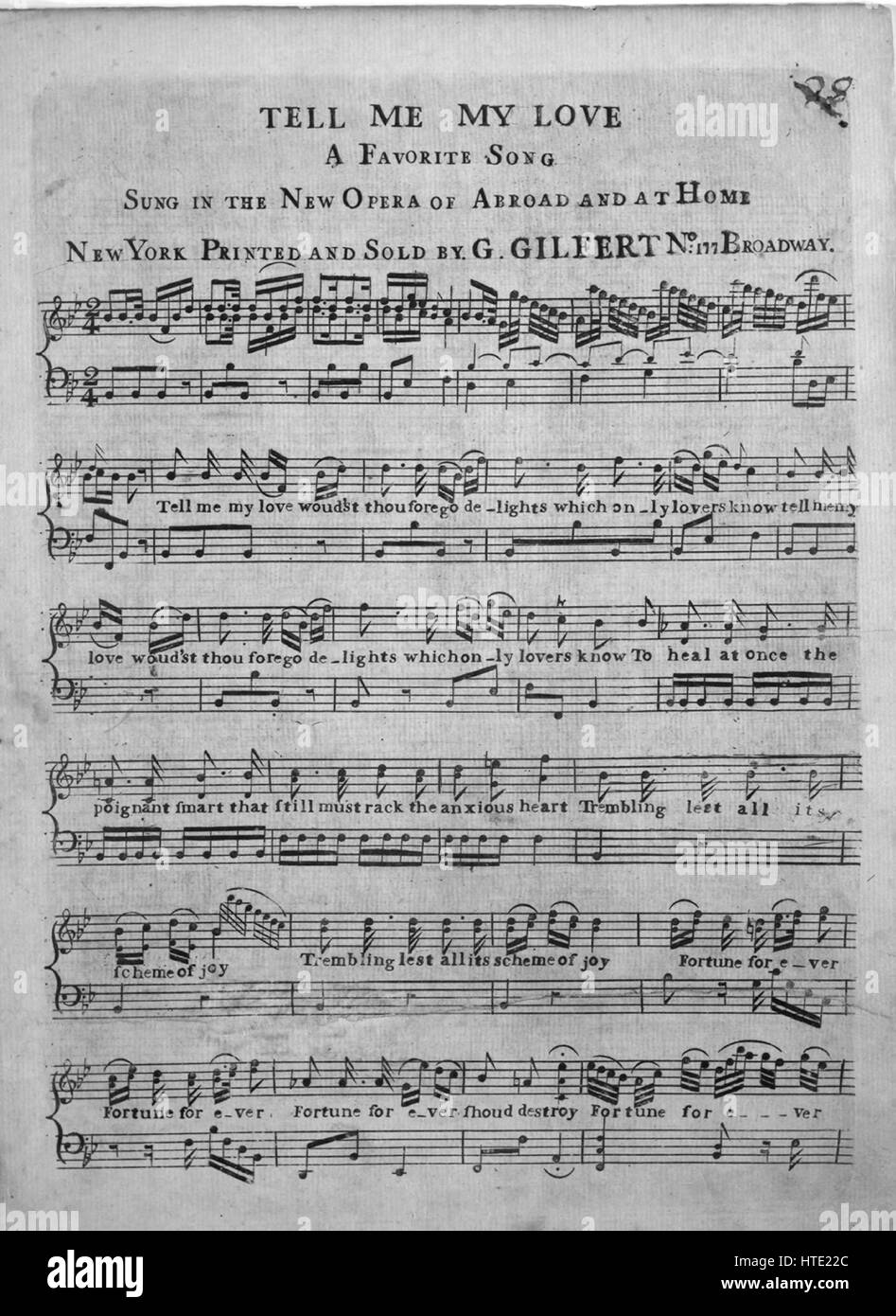 Sheet music cover image of the song 'Tell Me My Love', with original authorship notes reading 'na', United States, 1900. The publisher is listed as 'G. Gilfert, No. 177 Broadway', the form of composition is 'through-composed', the instrumentation is 'piano and voice', the first line reads 'Tell me my love woud'st thou forego delights which only lovers know', and the illustration artist is listed as 'None'. Stock Photo