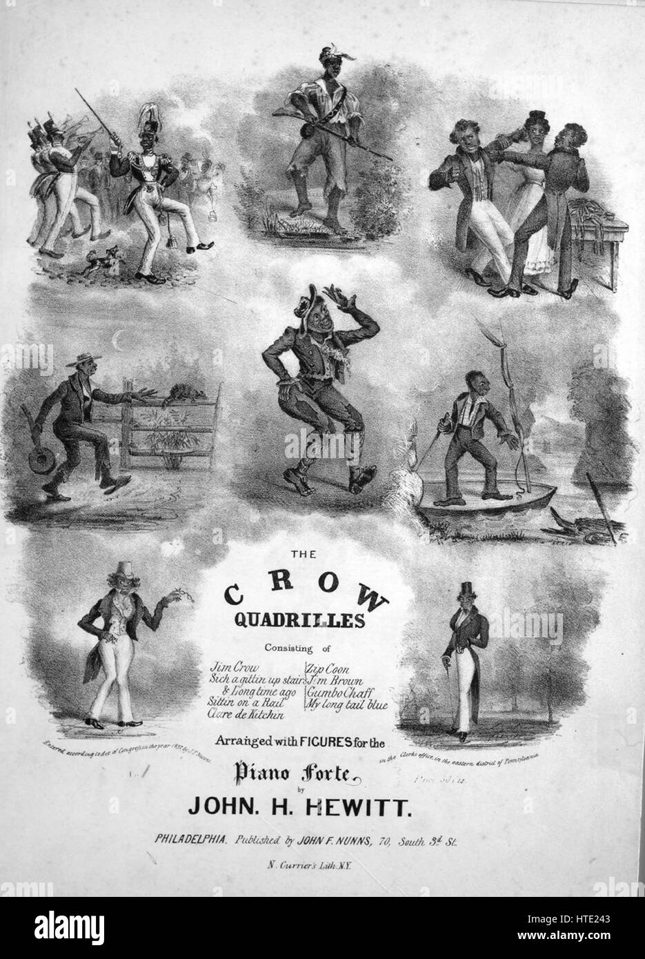 Sheet music cover image of the song 'The Crow Quadrilles (1) Jim Crow; (2) Sich a Gittin Up Stairs; (3) Sittin on a Rail; (4) Clare de Kitchin; (5) Bone Squash Diabolo', with original authorship notes reading 'Arranged With Figures for the Piano Forte by John H Hewitt', United States, 1837. The publisher is listed as 'John F. Nunns, 70, South 3d. St.', the form of composition is 'da capo', the instrumentation is 'piano', the first line reads 'None', and the illustration artist is listed as 'N. Currier's Lith. N.Y.'. Stock Photo