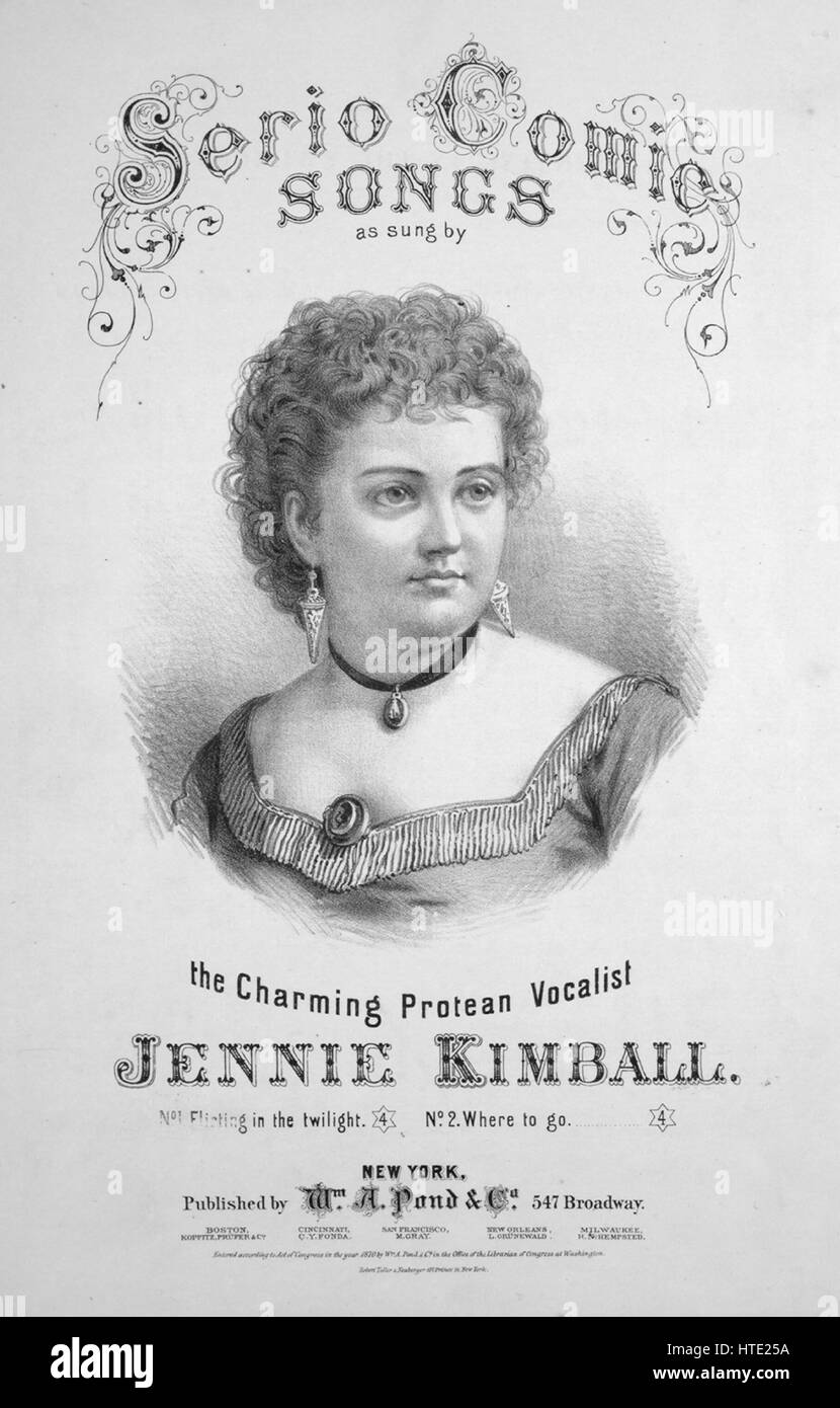 Sheet music cover image of the song 'Serio Comic Songs Flirting in the Twilight', with original authorship notes reading 'Words by Miss Jennie Kimble Music by Dave Braham', United States, 1870. The publisher is listed as 'Wm. A. Pond and Co., 547 Broadway', the form of composition is 'strophic with chorus (with dance interlude)', the instrumentation is 'piano and voice', the first line reads 'Oh! I'm very fond of roving When the stars are in the sky', and the illustration artist is listed as 'None'. Stock Photo