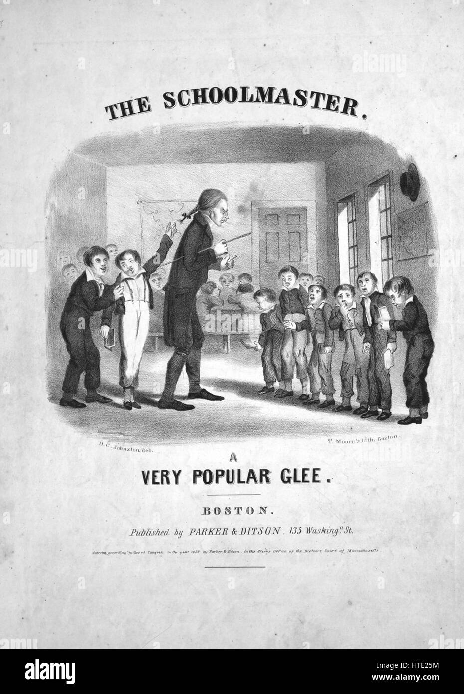 Sheet music cover image of the song 'The Schoolmaster A Very Popular Glee', with original authorship notes reading 'na', United States, 1839. The publisher is listed as 'Parker and Ditson, 135 Washingn. St.', the form of composition is 'strophic with chorus (trio is chorus; music varies slightly on each verse)', the instrumentation is 'piano and voice', the first line reads 'Come, come my children, I must see, How you can say your A B C', and the illustration artist is listed as 'D.C. Johnston, del.; T. Moore's Lith. Boston.'. Stock Photo