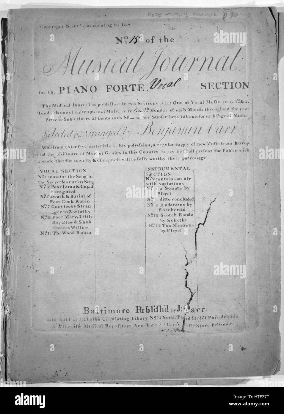 Sheet music cover image of the song '(1) Ye Ling'ring Winds; (2) Never Doubt That I Love; (3) Ye Ling'ring Winds; (4) Never Doubt that I Love (duplicate) Series Title  No 15 of the Musical Journal for the Piano Forte Vocal  Section', with original authorship notes reading 'Selected and Composed by Benjamin Carr', United States, 1900. The publisher is listed as 'J. Carr', the form of composition is '(1) strophic; (2) strophic with refrain', the instrumentation is 'piano and voice', the first line reads '(1) Ye ling'ring winds that feebly blow why thus impede my way; (2) Doubt the morning and ev Stock Photo