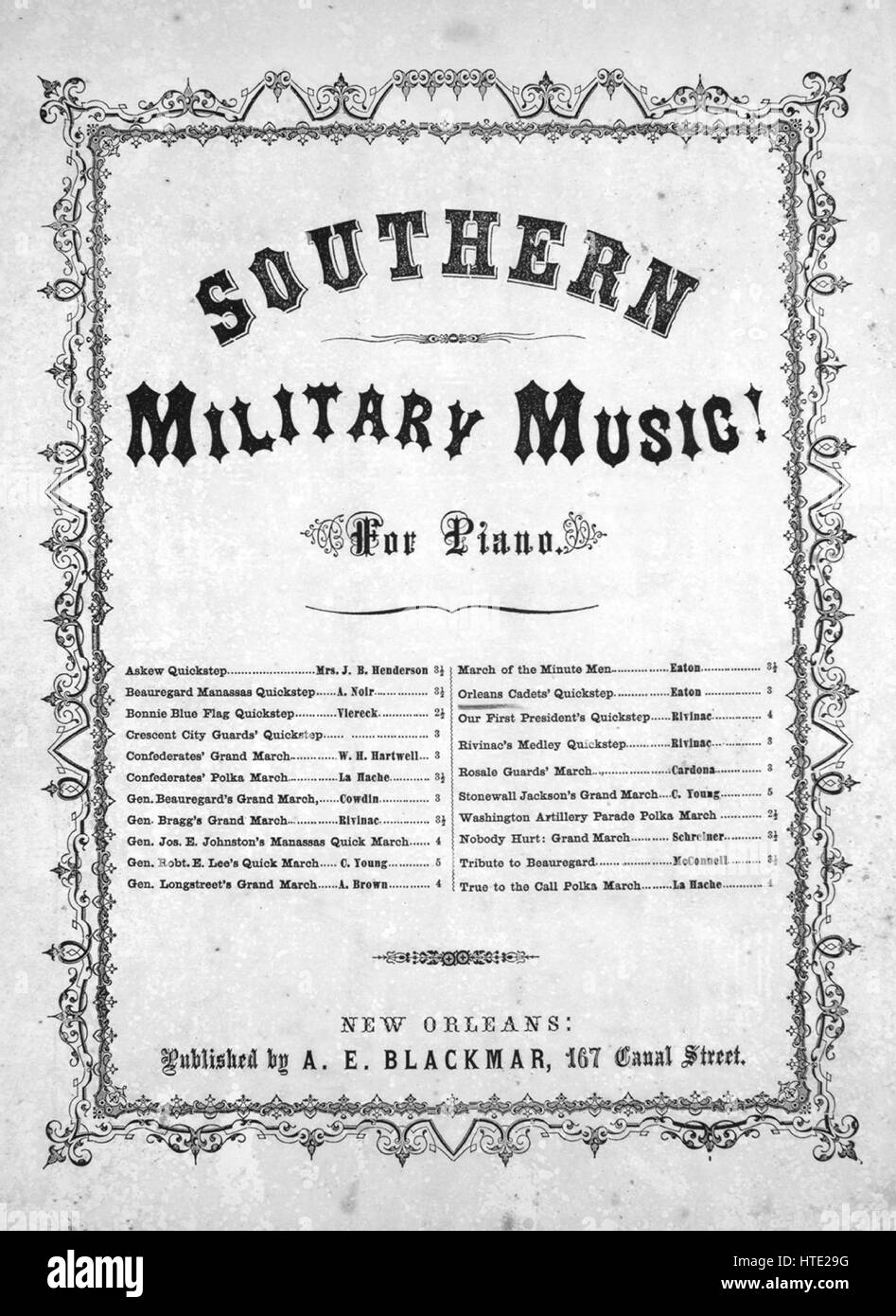 Sheet music cover image of the song 'Southern Military Music! Orleans Cadets' Quickstep', with original authorship notes reading 'EO Eaton', 1861. The publisher is listed as 'A.E. Blackmar, 167 Canal Street', the form of composition is 'da capo', the instrumentation is 'piano', the first line reads 'None', and the illustration artist is listed as 'None'. Stock Photo