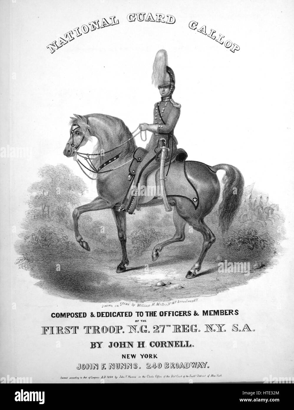 Sheet music cover image of the song 'National Guard Gallop', with original authorship notes reading 'Composed by John H Cornell', United States, 1844. The publisher is listed as 'John F. Nunns, 240 Broadway', the form of composition is 'sectional', the instrumentation is 'piano', the first line reads 'None', and the illustration artist is listed as 'Drawn on Stone by William H. Miller, No.167 Broadway N.Y.; G.W. Quidor Engvr.'. Stock Photo