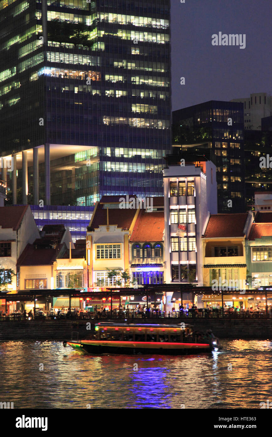 Singapore, Boat Quay, Singapore River, night, bars, restaurants, Stock Photo