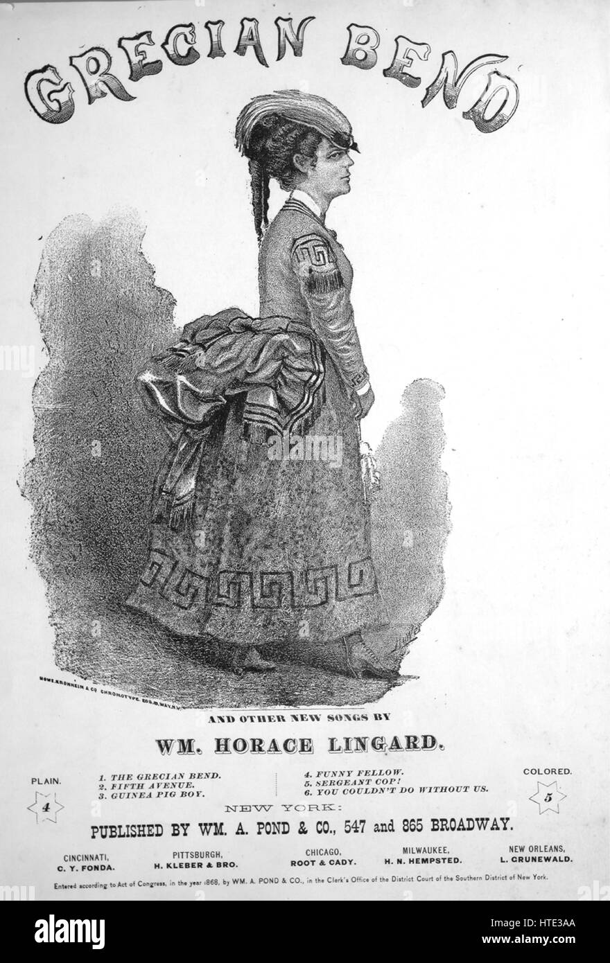 Sheet music cover image of the song 'Grecian Bend, And Other New Songs By Wm Horace Lingard No 2 Fifth Avenue', with original authorship notes reading 'Written and Composed by Wm H Lingard Arranged by Chas E Pratt', United States, 1868. The publisher is listed as 'Wm. A. Pond and Co., 547 and 865 Broadway', the form of composition is 'strophic with chorus', the instrumentation is 'piano and voice', the first line reads 'Before you stands Frank Rifle, An Ensign in our corps', and the illustration artist is listed as 'Rowe, Kronheim and Co. Chromotype, 208 B'way N.Y.'. Stock Photo
