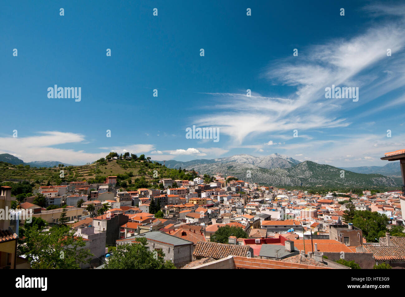 Dorgali town and the Supramonyte mountains Stock Photo