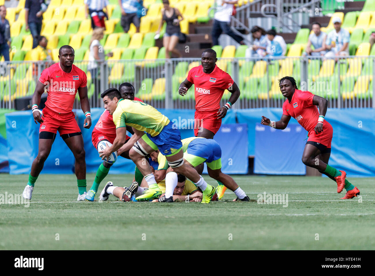 Rio de Janeiro, Brazil. 11 August 2016 Felipe Sancery (BRA) competes in the Men's  Rugby Sevens in a match vs. Kenya at the 2016 Olympic Summer Games. Stock Photo
