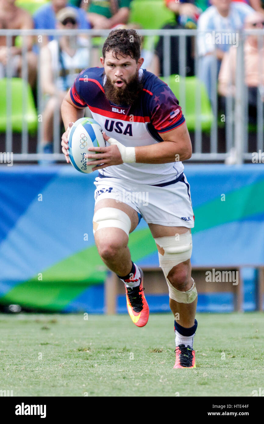 Rio de Janeiro, Brazil. 11 August 2016 Danny Barrett (USA) competes in the Men's  Rugby Sevens in a match vs. Spain at the 2016 Olympic Summer Games.  Stock Photo