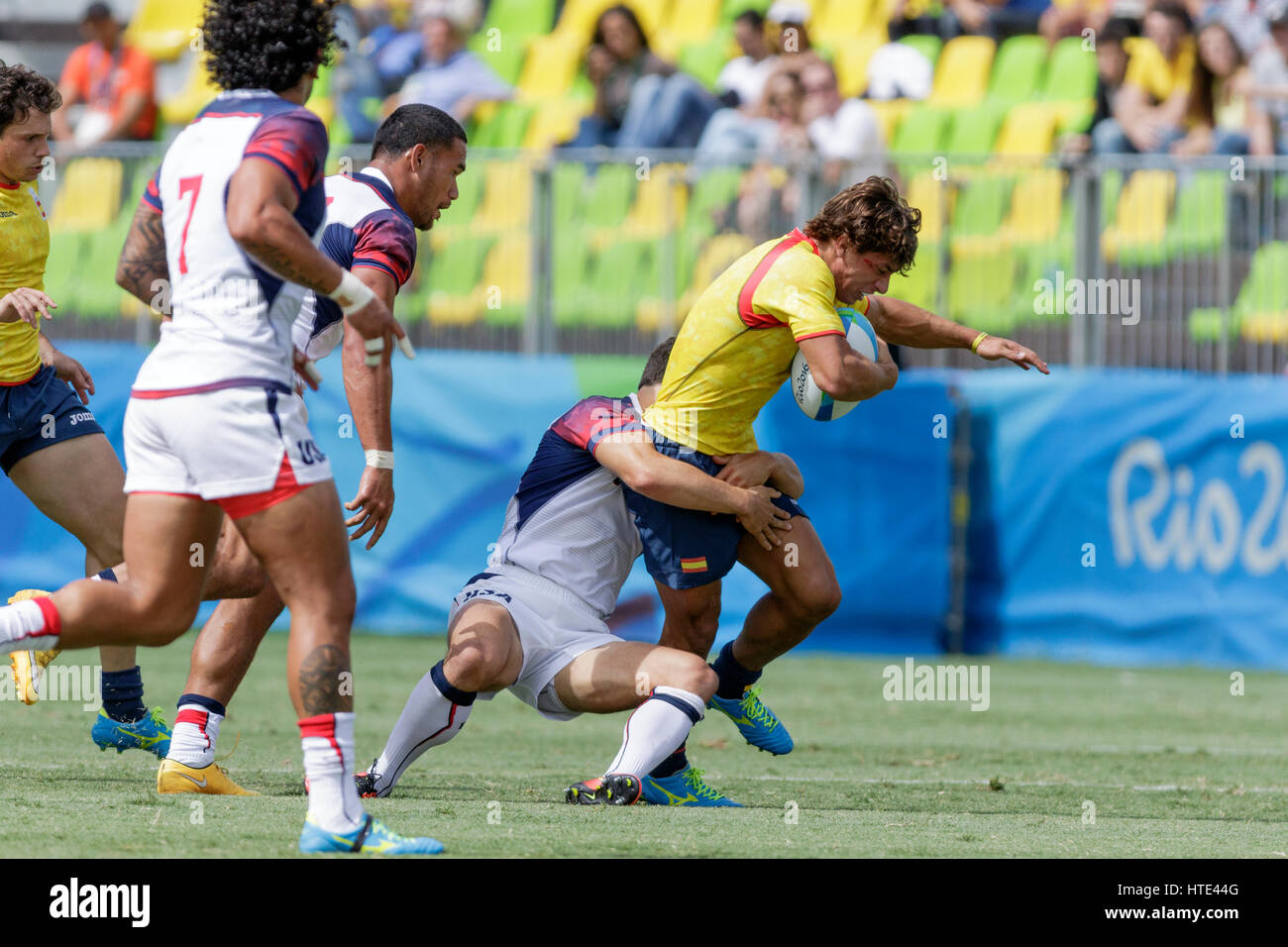 Rio de Janeiro, Brazil. 11 August 2016 Angel Lopez  (ESP) competes in the Men's  Rugby Sevens in a match vs. USA at the 2016 Olympic Summer Games. ©Pa Stock Photo