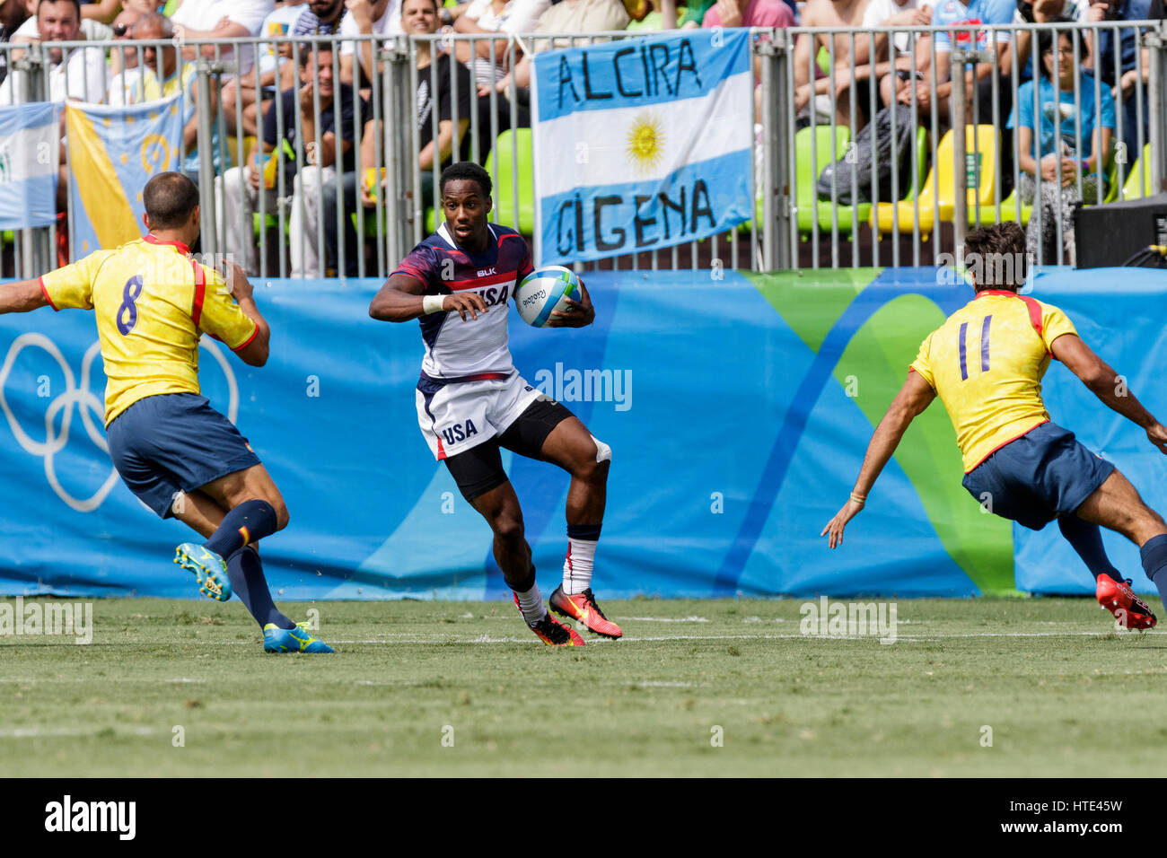 Rio de Janeiro, Brazil. 11 August 2016 Carlin Isles (USA) competes in the Men's  Rugby Sevens in a match vs. Spain at the 2016 Olympic Summer Games. © Stock Photo