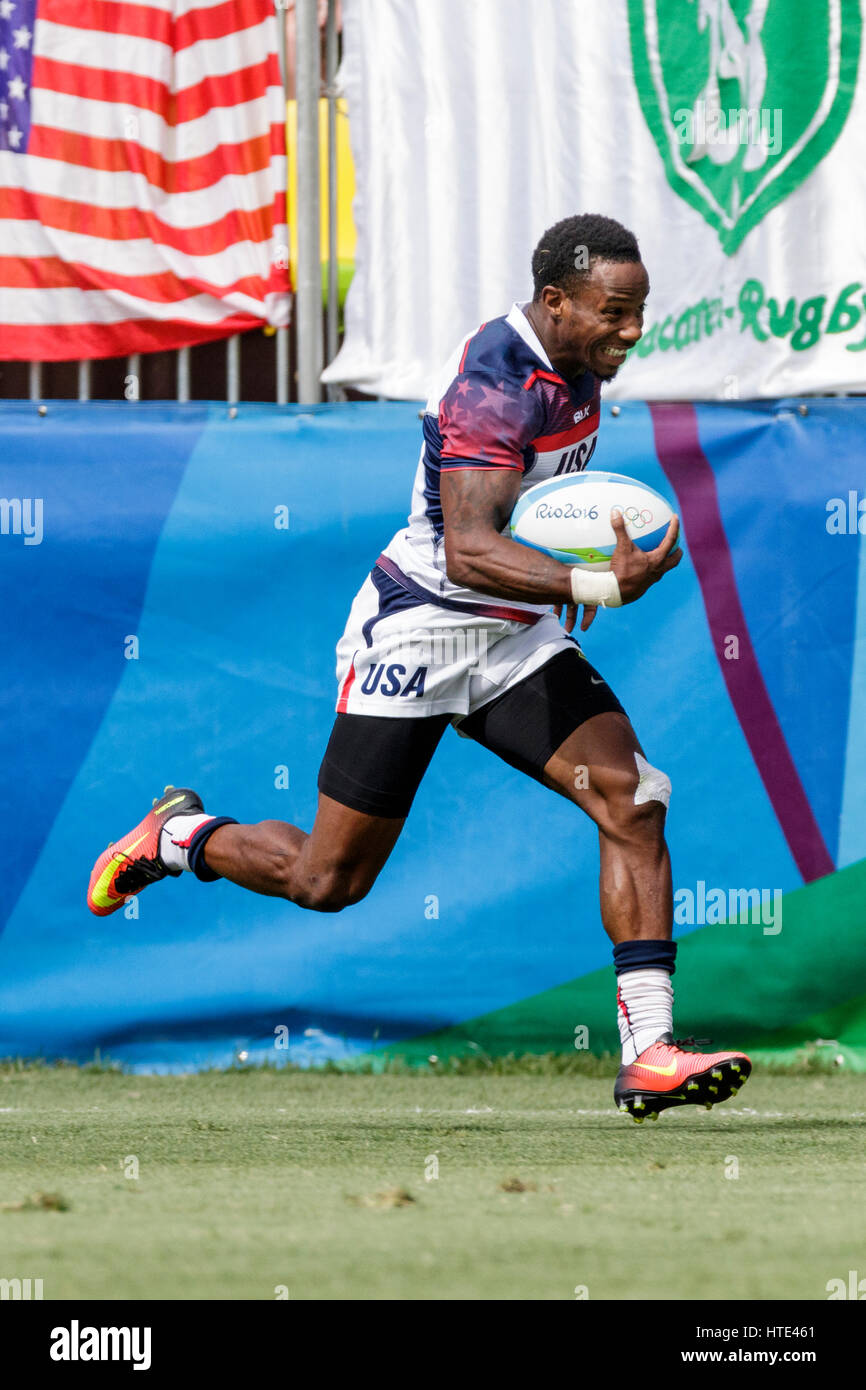 Rio de Janeiro, Brazil. 11 August 2016 Carlin Isles (USA) competes in the Men's  Rugby Sevens in a match vs. Spain at the 2016 Olympic Summer Games. © Stock Photo