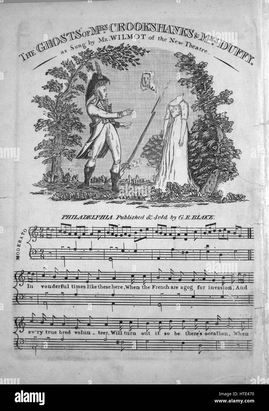 Sheet music cover image of the song 'The Ghosts of Mrs Crookshanks and Mrs Duffy', with original authorship notes reading 'na', United States, 1900. The publisher is listed as 'G.E. Blake', the form of composition is 'strophic with chorus', the instrumentation is 'piano and voice', the first line reads 'In vonderful times like these here, When the French are agog for invasion', and the illustration artist is listed as 'None'. Stock Photo