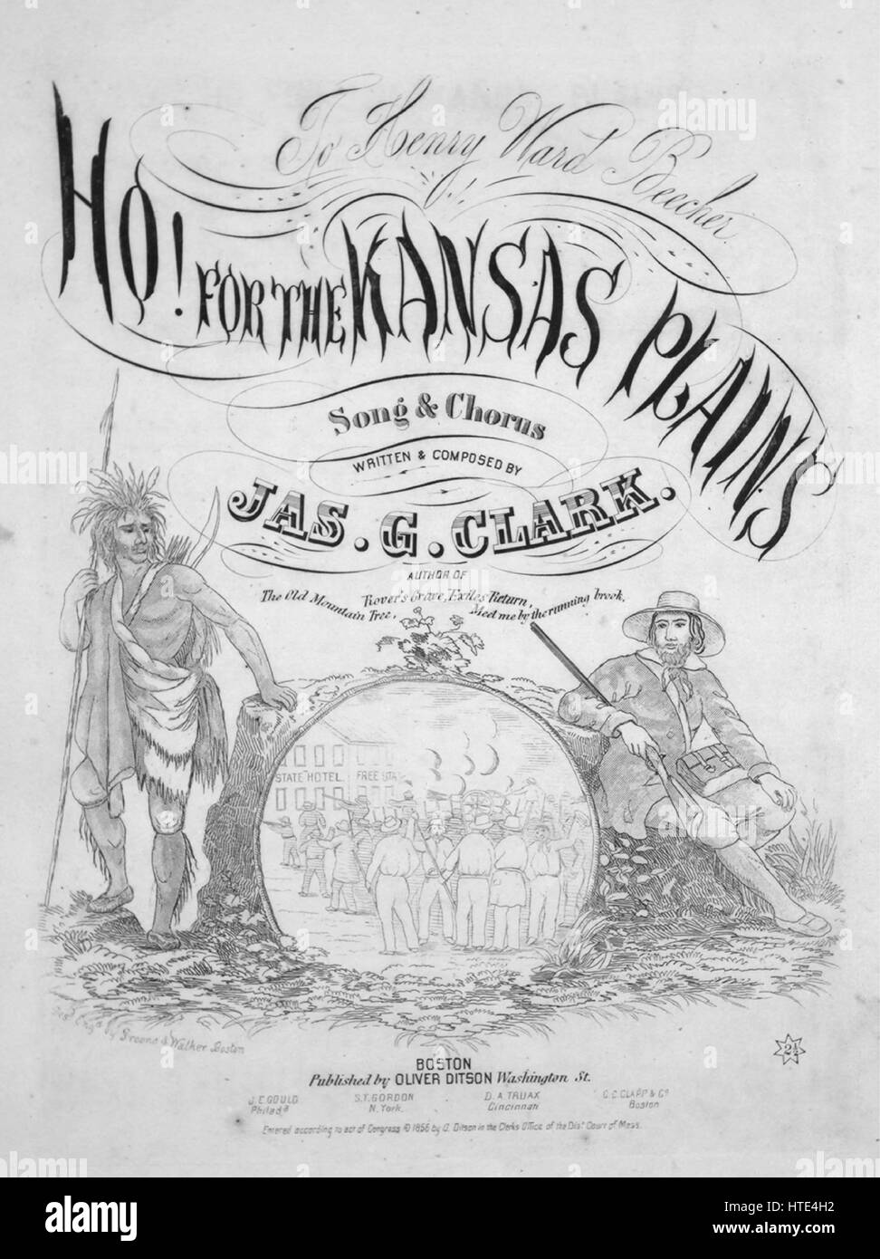 Sheet music cover image of the song 'Ho! for the Kansas Plains Song and Chorus', with original authorship notes reading 'Written and Composed by James G Clark', United States, 1856. The publisher is listed as 'Oliver Ditson, Washington St.', the form of composition is 'strophic with satb chorus', the instrumentation is 'piano and voice', the first line reads 'Huzza for the prairies wide and free', and the illustration artist is listed as 'Desd. Engd. by Greene and Walker Boston'. Stock Photo