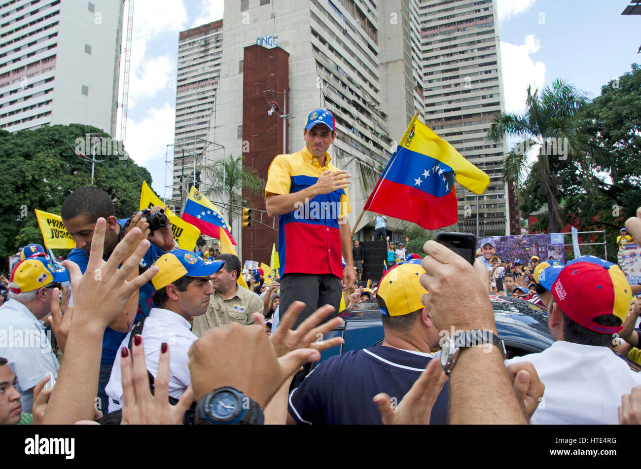 The opposition candidate Henrique Capriles Radonski attends a massive rally in Caracas. Stock Photo