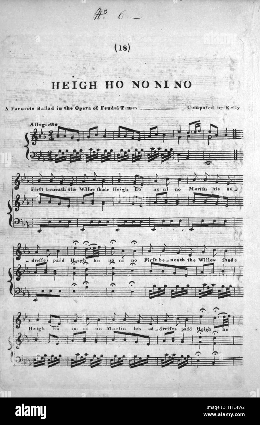 Sheet music cover image of the song 'Heigh Ho No Ni No A Favorite Ballad in the Opera of Feudal Times [Includes an adaptation 'as an easy Lesson for young Practitioners' on back]', with original authorship notes reading 'Composed by Kelly', United States, 1900. The publisher is listed as 'Carr's Music Store', the form of composition is 'strophic with chorus', the instrumentation is 'piano and voice', the first line reads 'First beneath the Willow shade Heigh ho no ni no', and the illustration artist is listed as 'None'. Stock Photo