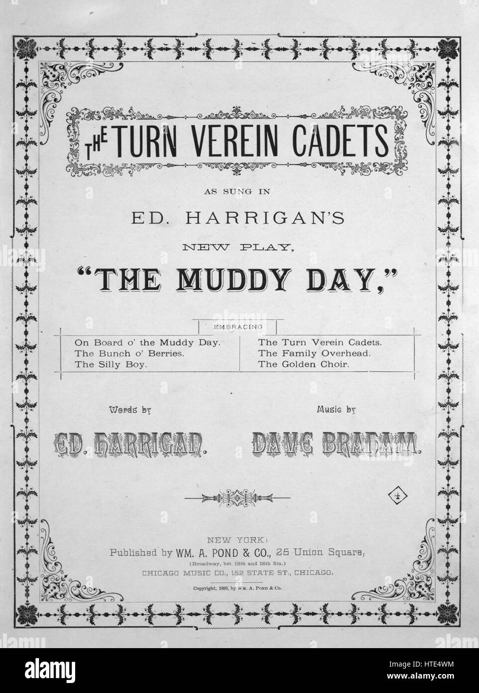 Sheet music cover image of the song 'The Turn Verein Cadets', with original authorship notes reading 'Words by Edward Harrigan Music by Dave Braham', United States, 1883. The publisher is listed as 'Wm. A. Pond and Co., 25 Union Square, (Broadway, bet. 15th and 16th Sts.)', the form of composition is 'strophic with chorus', the instrumentation is 'piano and voice', the first line reads 'When the moon shines bright on a summer's night, we go out on a grand parade', and the illustration artist is listed as 'None'. Stock Photo