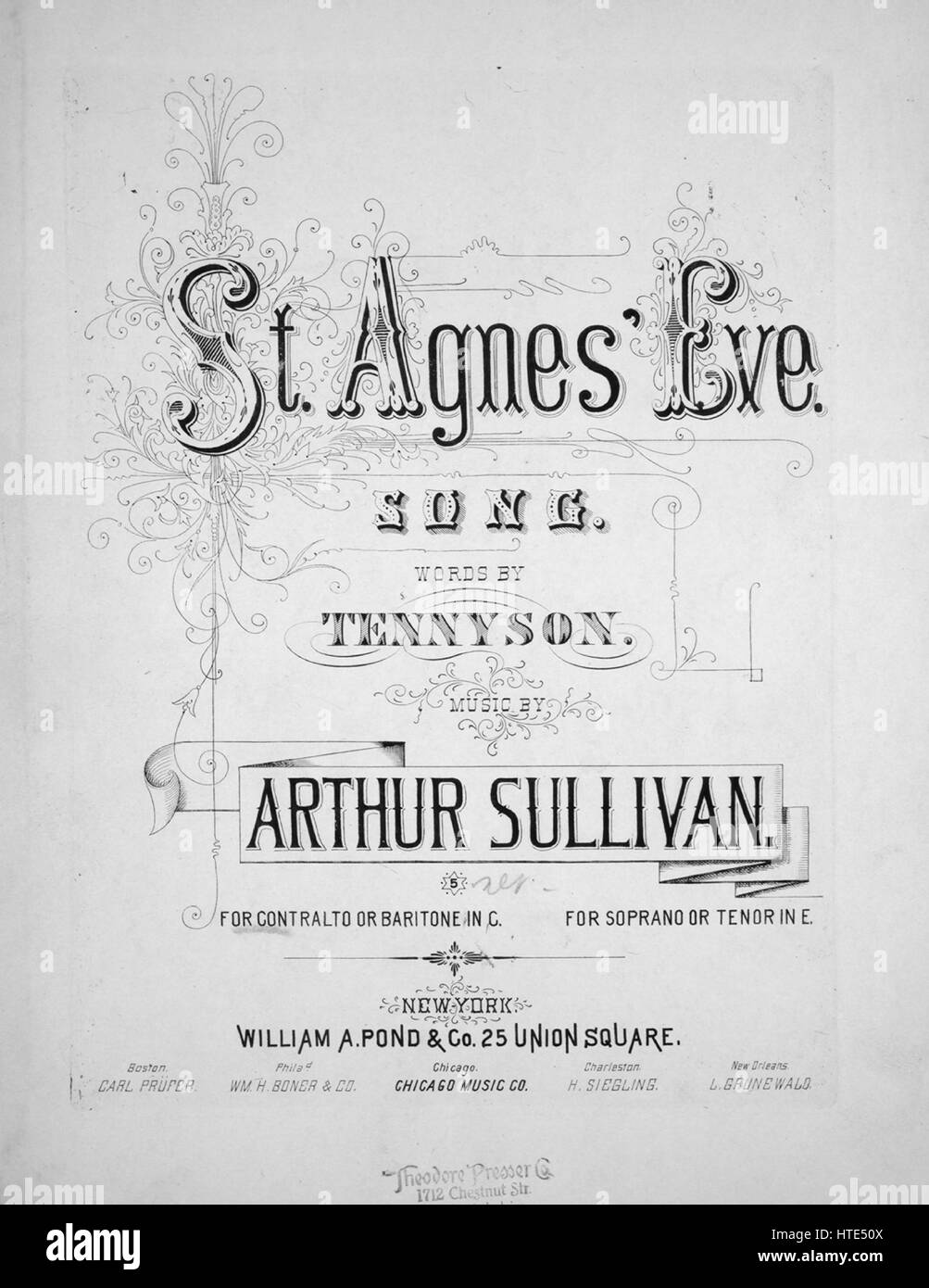 Sheet music cover image of the song 'St Agnes' Eve Song', with original authorship notes reading 'Words by [Alfred] Tennyson Music by Arthur Sullivan', United States, 1900. The publisher is listed as 'William A. Pond and Co., 25 Union Square', the form of composition is 'ababcd', the instrumentation is 'piano and voice (For Contralto or Baritone in C)', the first line reads 'Deep on the convent roof the snows are sparkling to the moon', and the illustration artist is listed as 'None'. Stock Photo