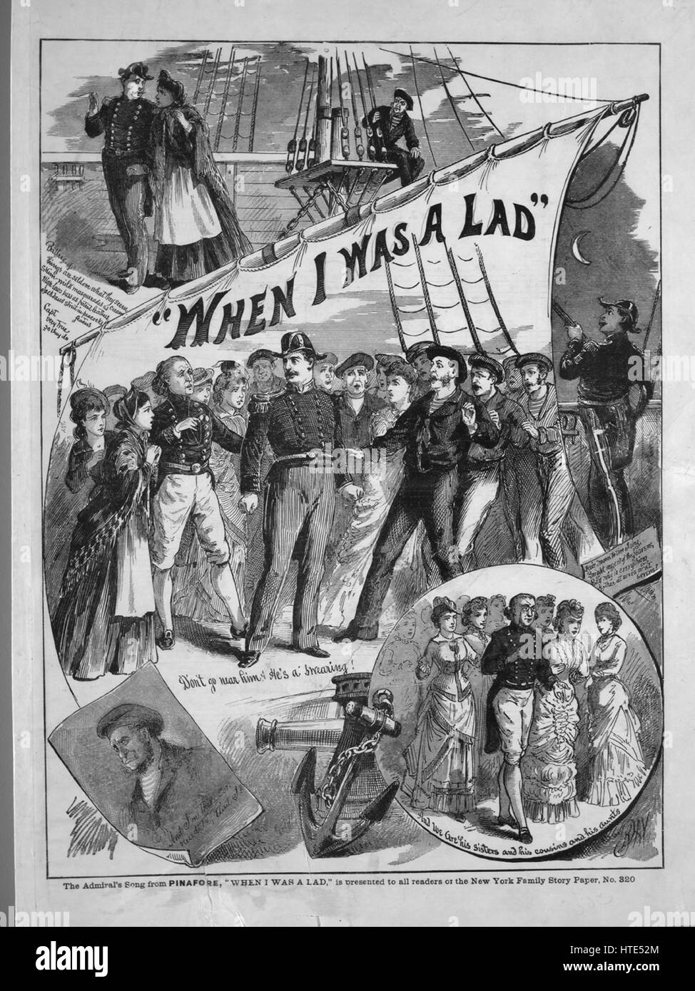 Sheet music cover image of the song 'When I Was A Lad', with original authorship notes reading 'Arthur Sullivan', United States, 1900. The publisher is listed as 'New York Family Story Paper, No. 320', the form of composition is 'strophic with chorus', the instrumentation is 'piano and voice', the first line reads 'When I was a lad I serv'd a term As office boy to an Attorney's firm', and the illustration artist is listed as 'None'. Stock Photo