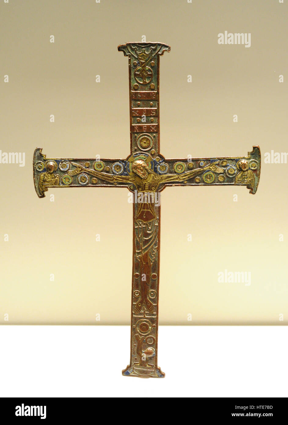 Cross with Christ Crucified, ca.1190. Anonymous. Limoges. Provenance unknown. Chased and gilded copper. National Art Museum of Catalonia. Barcelona. Catalonia. Spain. Stock Photo