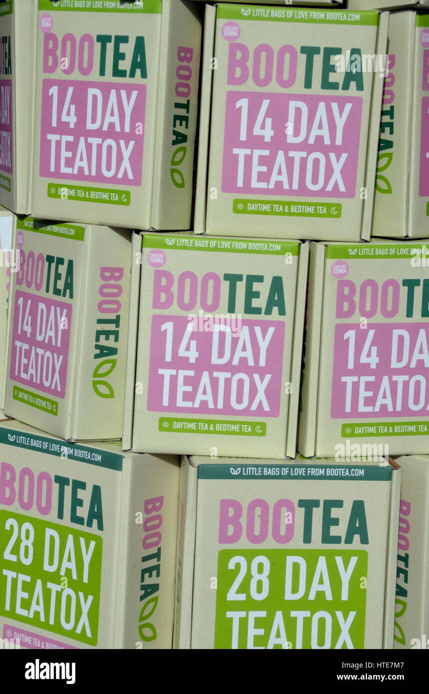 Packets of Bootea 14 day teatox shop window display Stock Photo - Alamy
