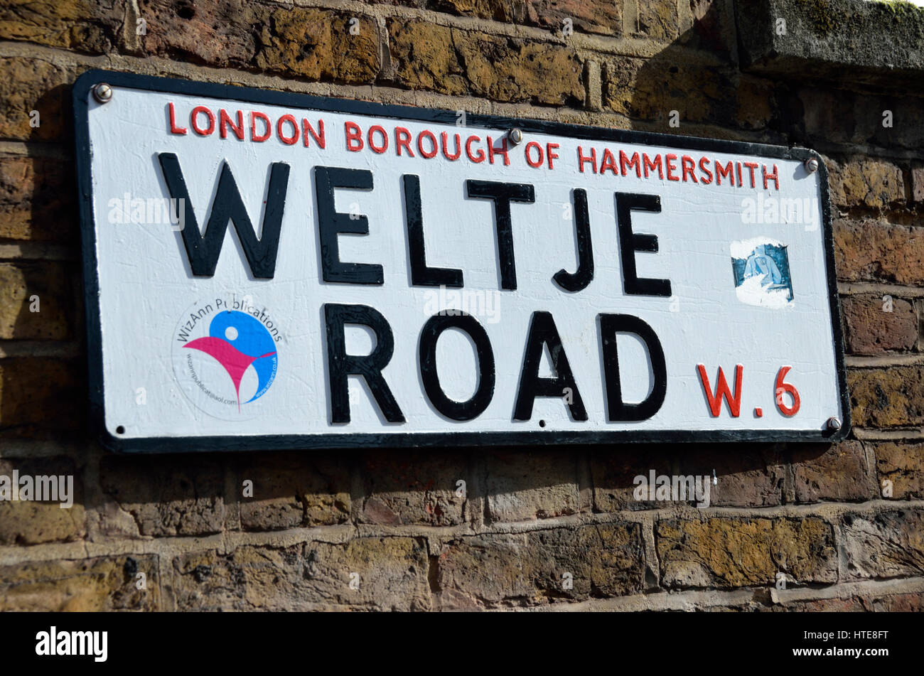 Weltje Road W6 street sign, Hammersmith, London, UK. Stock Photo