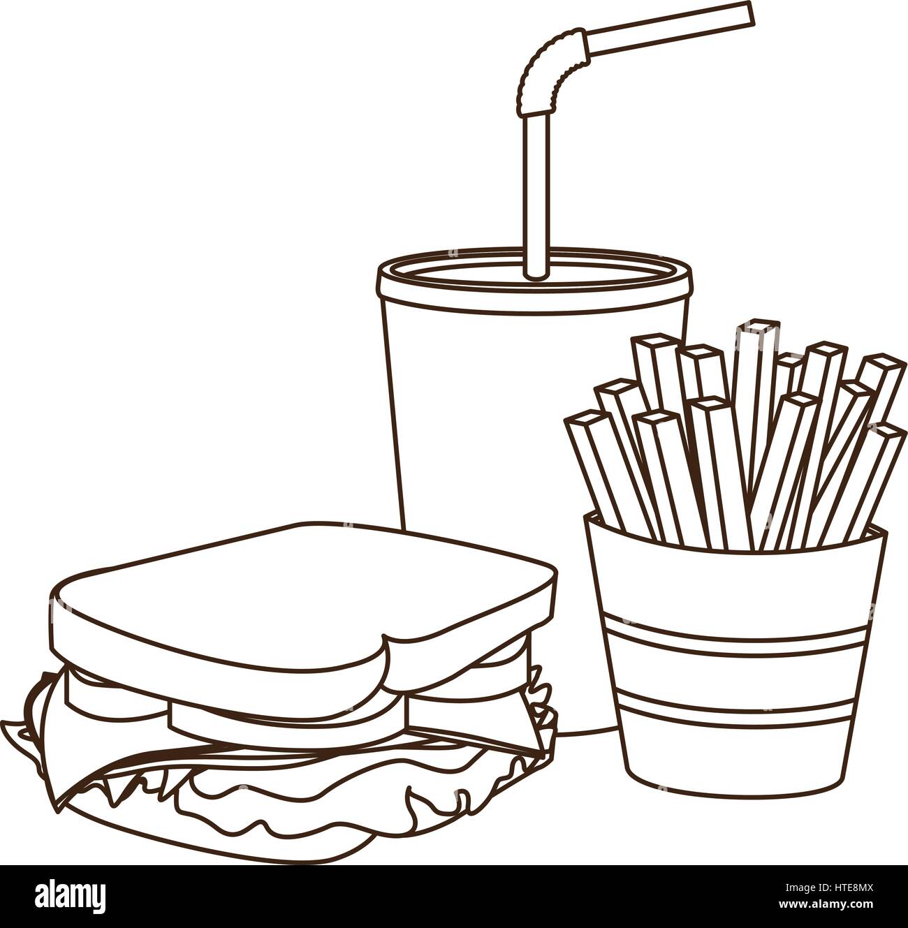 monochrome contour of sandwich with french fries and soda Stock Vector