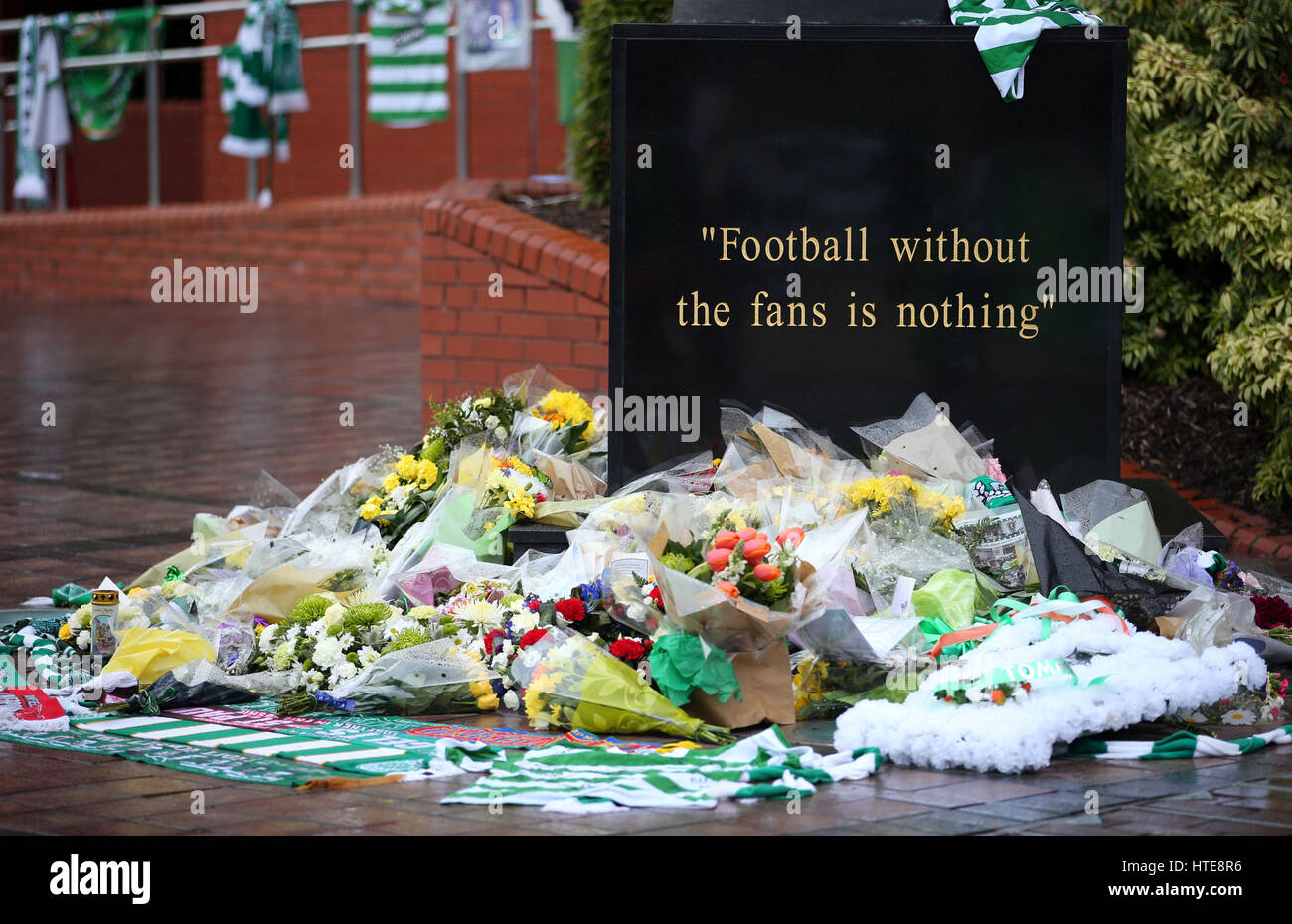 Floral tributes outside Celtic Park in Glasgow ahead of the funeral of