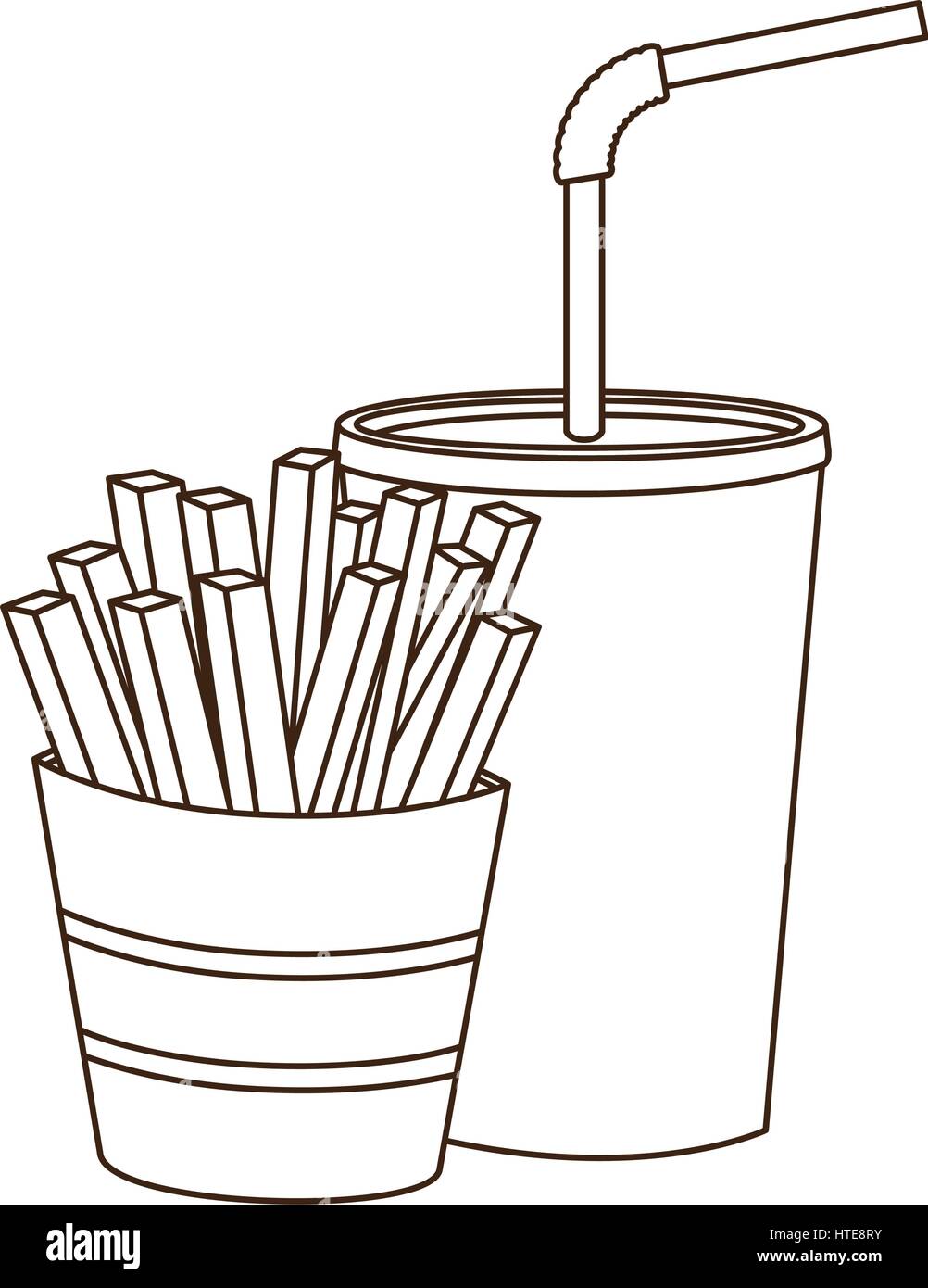 monochrome contour of soda with straw and french fries Stock Vector