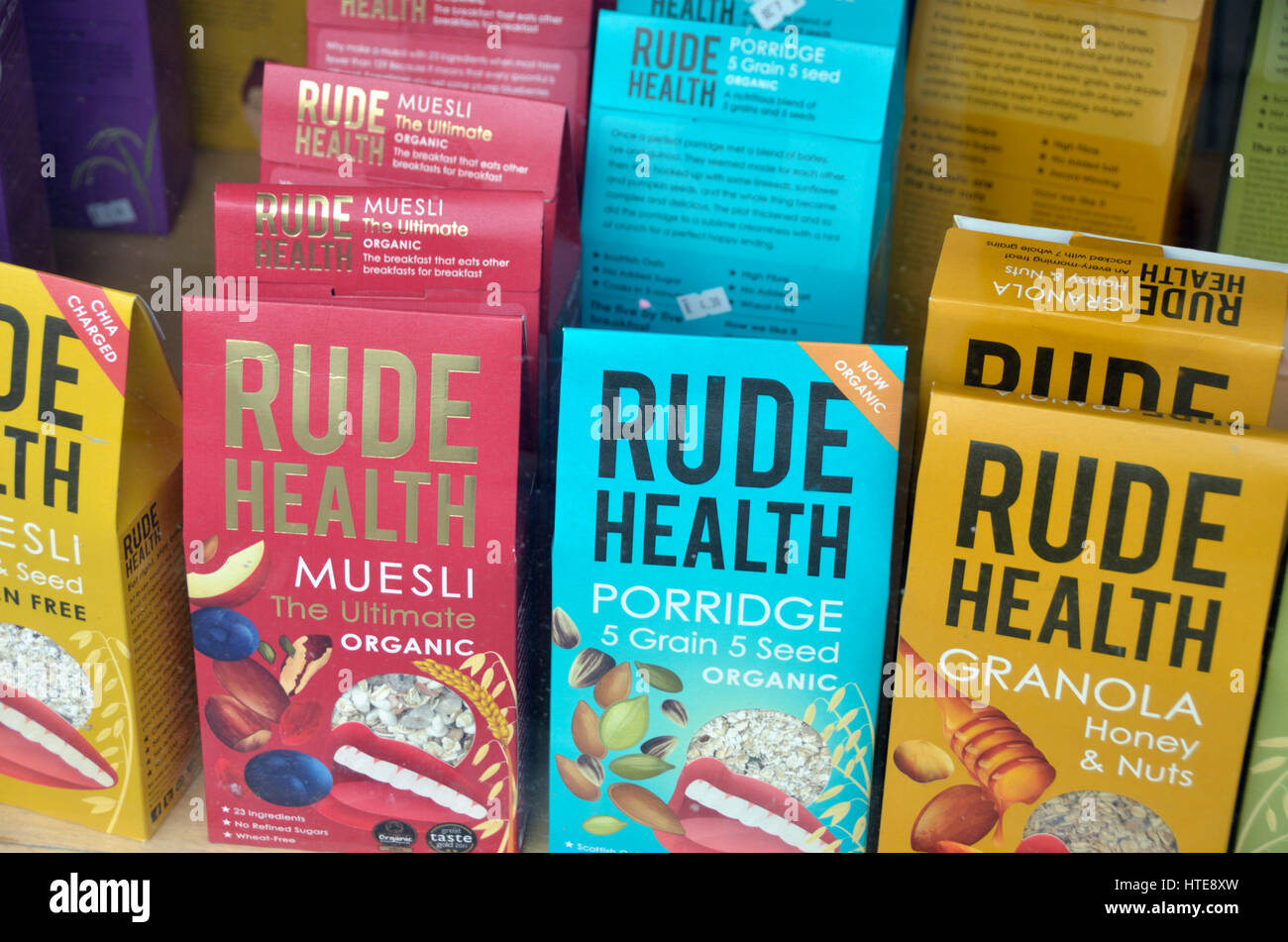 Shop window display of healthy Rude Health cereal products. Stock Photo